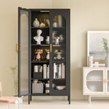 VASAAOSD 71" Kitchen Pantry Storage Cabinet, Display Cabinet with Glass Doors and Lights, Tall Storage Cabinet with Adjustable Shelves, Kitchen Pantry Cabinet for Dining Room, Living Room, Black VASAAOSD