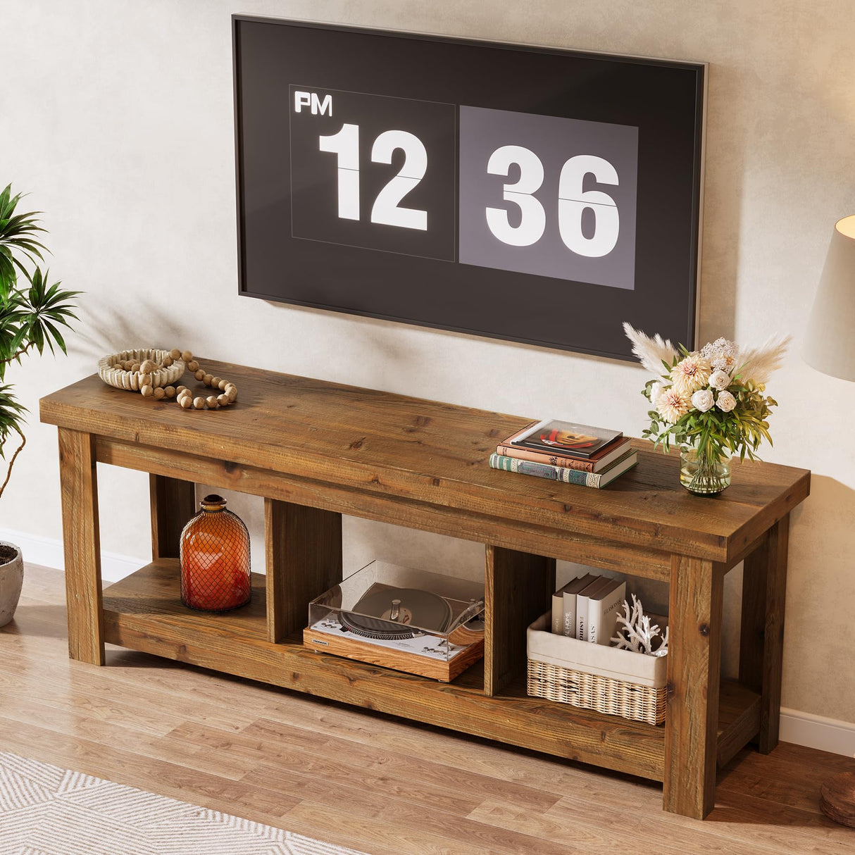 Tribesigns 63" Solid Wood TV Stand, Entertainment Center for 65 inch TVs, Farmhouse Style with 3 Open Storage Shelves, Rustic Brown Console for Living Room Bedroom, Fits 55 60 65 75 Inch Television Tribesigns