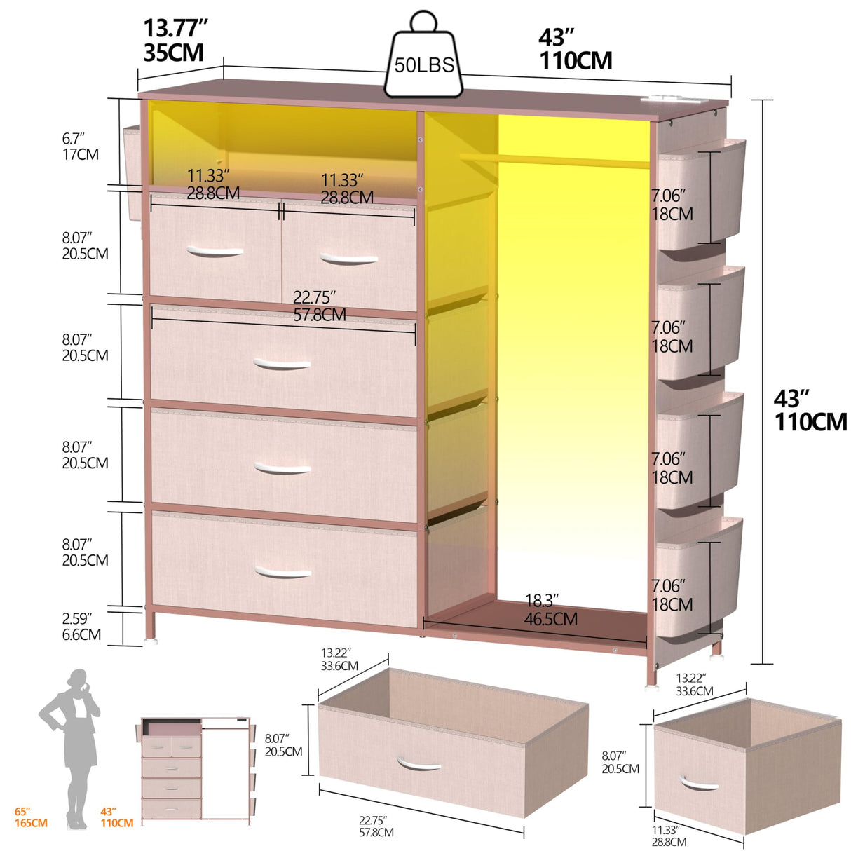 Espelism Dresser for Bedroom with Clothes Rack Side Pockets 5 Drawer Dresser with Charging Station LED Lights Black Storage Chest of Drawers for Hallway Closet Sturdy Steel Frame Wood Top (Pink) Espelism