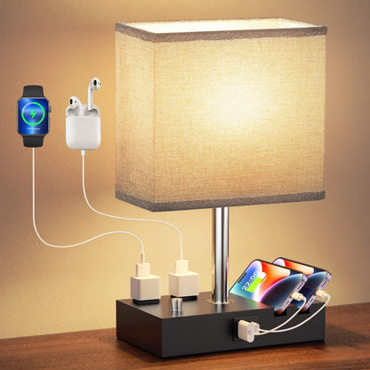 Kakanuo Fully Dimmable Nightstand Lamp for Bedroom with USB C Ports, Grey Small Bedside Table Lamp with Charging Outlets and Phone Stands, Wooden Desk Lamp for Living Room, LED Bulb Included