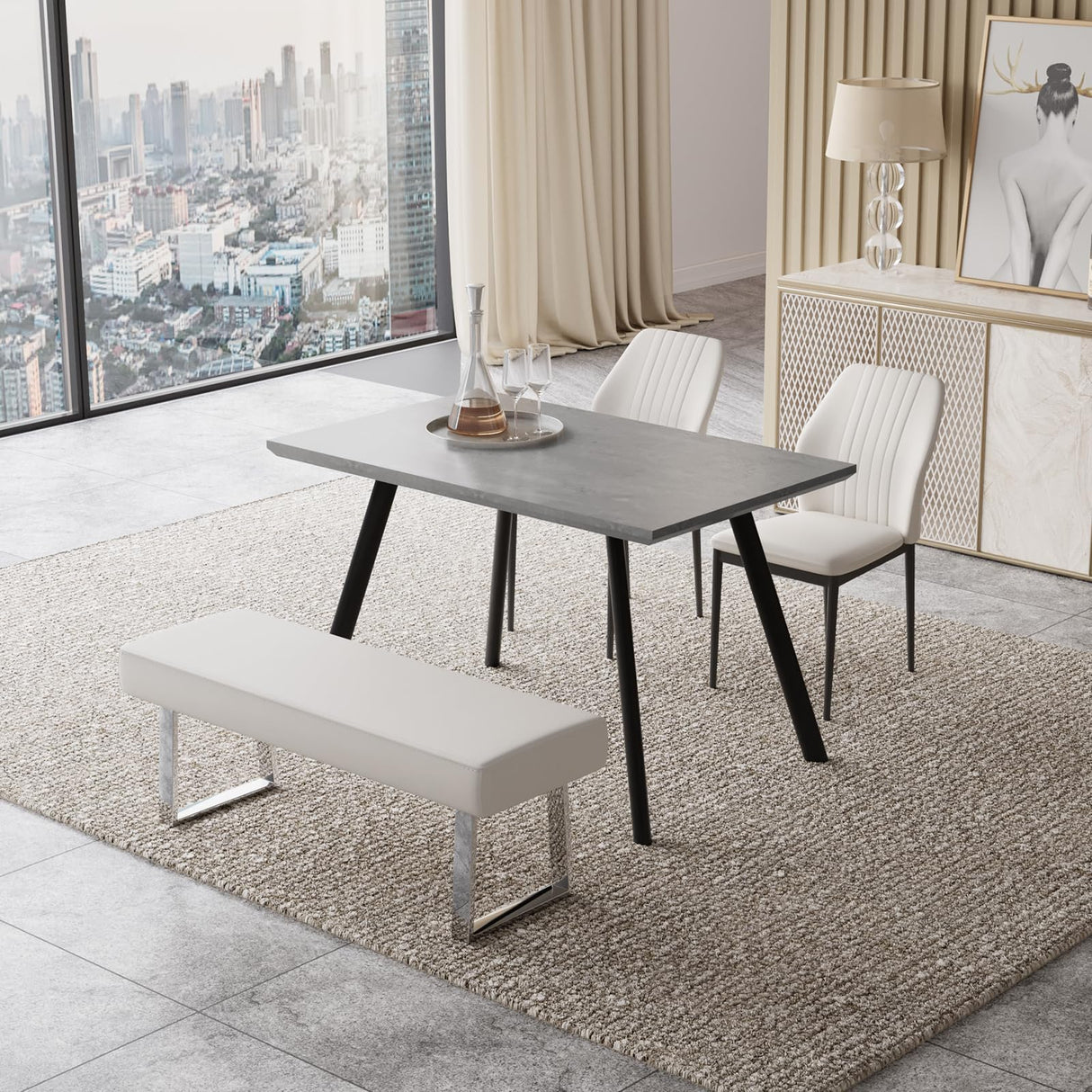 ZckyCine Modern Mid-Century Style 4-Piece Dining Table Set Rectangular Wooden Table 2 Soft Cushioned Leather Chairs 1 Bench, Suitable for 4-Person Dining ZckyCine