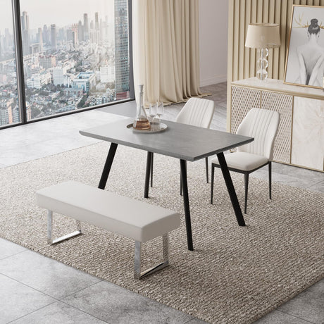 ZckyCine Modern Mid-Century Style 4-Piece Dining Table Set Rectangular Wooden Table 2 Soft Cushioned Leather Chairs 1 Bench, Suitable for 4-Person Dining ZckyCine