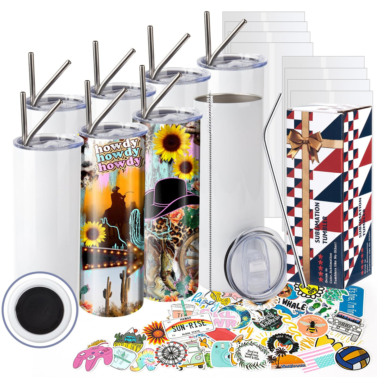 ROTERSTEIN 8 Pack 20 oz Sublimation Tumbler Set Double Walled Stainless Steel Skinny Straight Blank Tumbler Bulk with Lid, Straw, DIY Stickers Shrink Wrap, Rubber Base for Heat Transfer Heat Press ROTERSTEIN