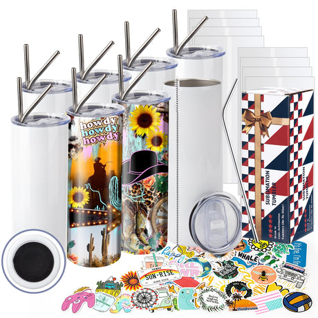 ROTERSTEIN 8 Pack 20 oz Sublimation Tumbler Set Double Walled Stainless Steel Skinny Straight Blank Tumbler Bulk with Lid, Straw, DIY Stickers Shrink Wrap, Rubber Base for Heat Transfer Heat Press ROTERSTEIN