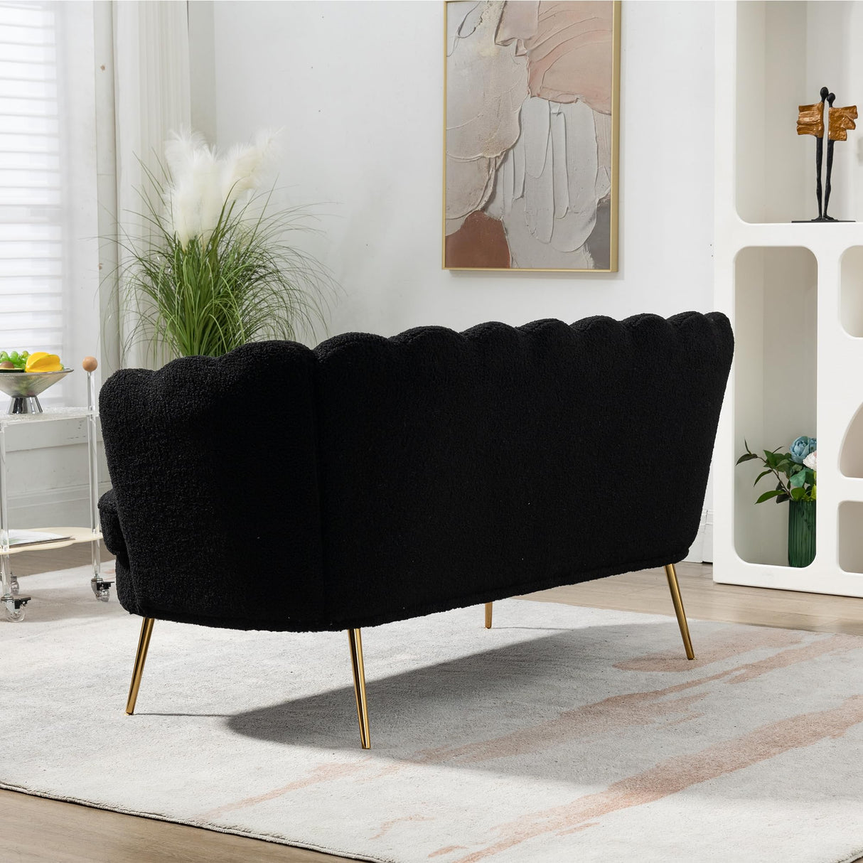 anwickjeff 59" Wide Modern Boucle Loveseat Small Sofa Small Mini Room Couch 2-Seater Sofa with Gold Metal Legs for Space Office Studio Apartment Bedroom (Black) anwickjeff