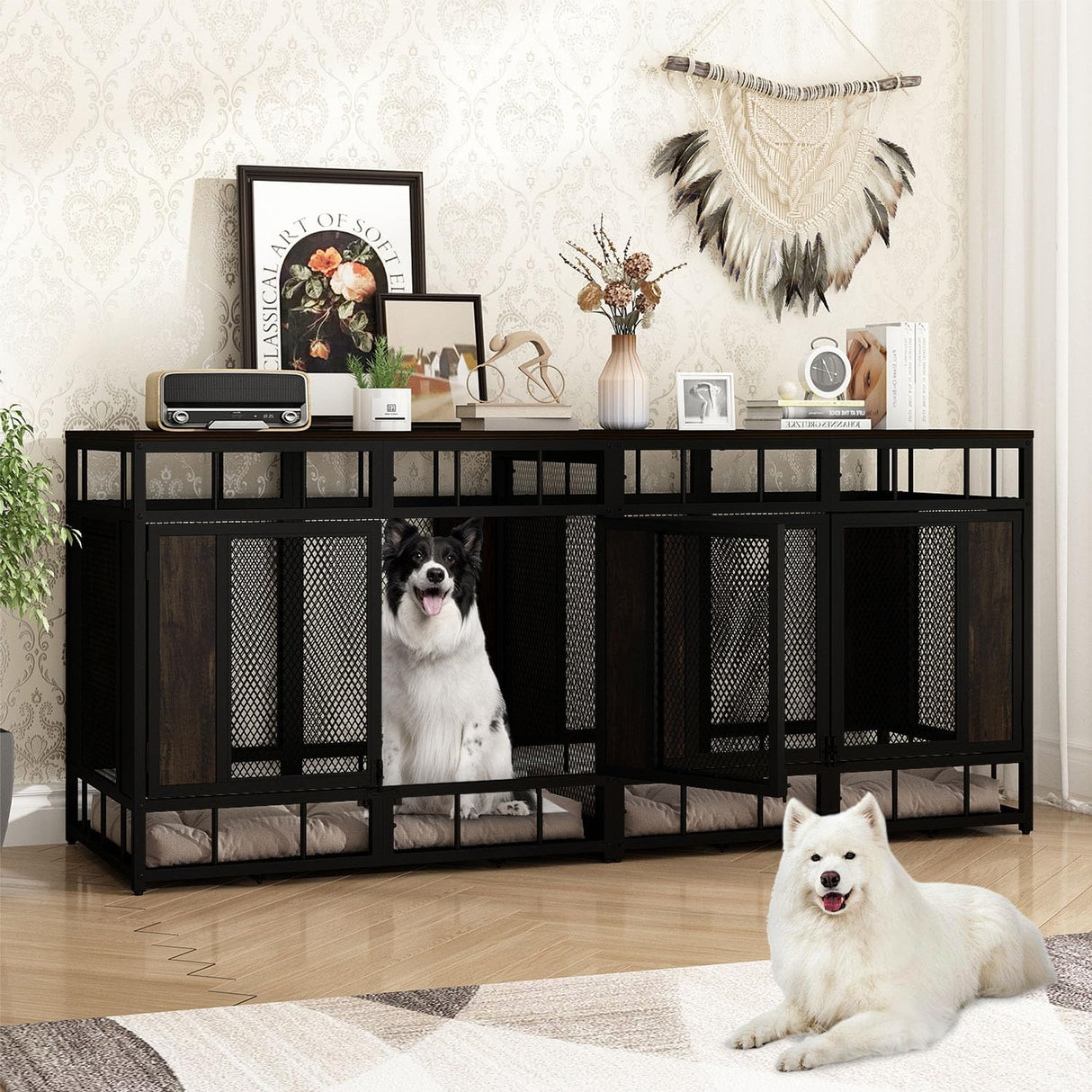 DAWNSPACES Furniture Dog Crate, 71" Heavy Duty Wood Dog Cage Kennel House Furniture with a Removable Divider, Indoor Dog Crate Table TV Stand with Double Doors for Large Medium Breed Dogs, Brown DAWNSPACES