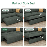 HONBAY Modular Sectional Sleeper Sofa with Pull Out Bed, Corduroy Couch with Storage Seats Ottoman, U Shaped Sectional Couches for Living Room, Green HONBAY