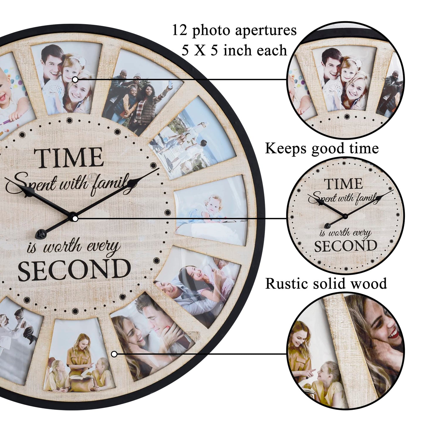 JUMBO HUMBLE 12 Photo Collage Rustic Farmhouse Wood Wall Clock, Large Oversized Wall Clock for Home, Kitchen, Living Room, Silent Battery Powered 25 Inch Natural - WoodArtSupply