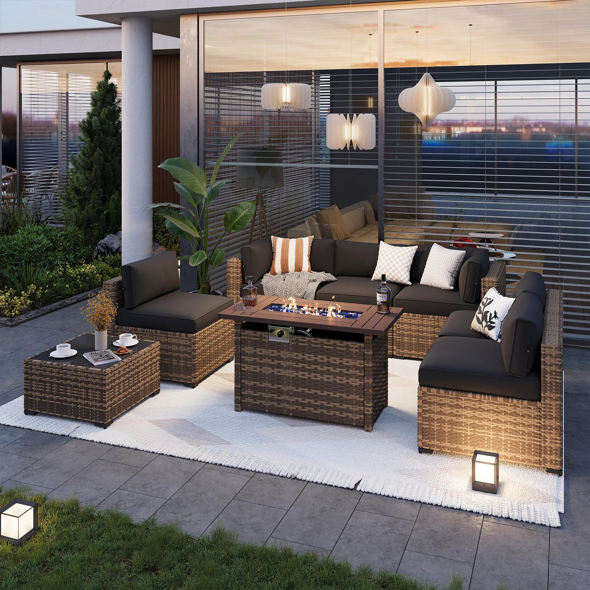 Aoxun Patio Furniture Sets, 8-Piece Outdoor Patio Furniture with 44'' Propane Gas Firepit Table, Wicker Outdoor Conversation Set Sectional Sofa for Backyard, Poolside, Garden (Black Cushion) Aoxun