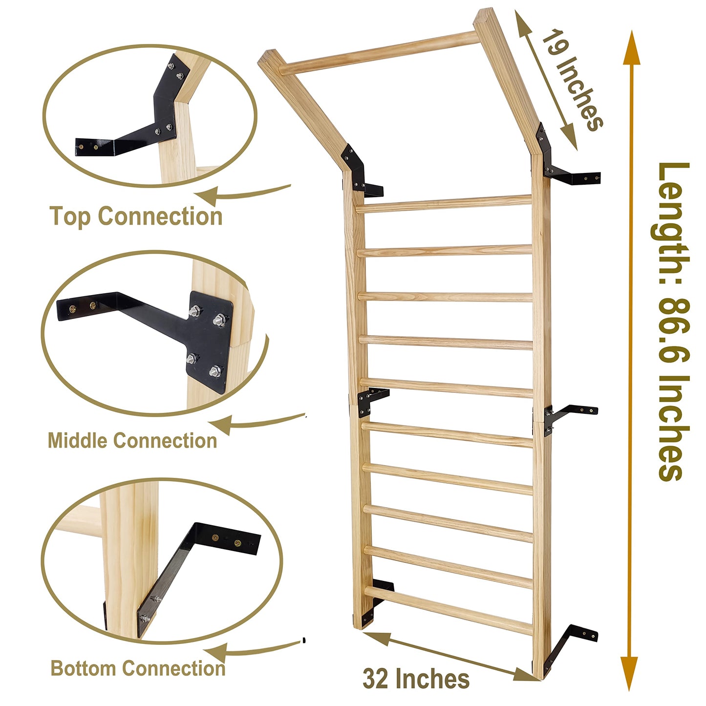 FC FUNCHEER Gymnastics Wooden Stall Bar, Swedish Ladder Wall Gym - Suspension Trainer, 11 Strategic Rods-86.6 Inches in Height, 32 Inches in Width, Wall Mounted Pull-Up Bar for Home