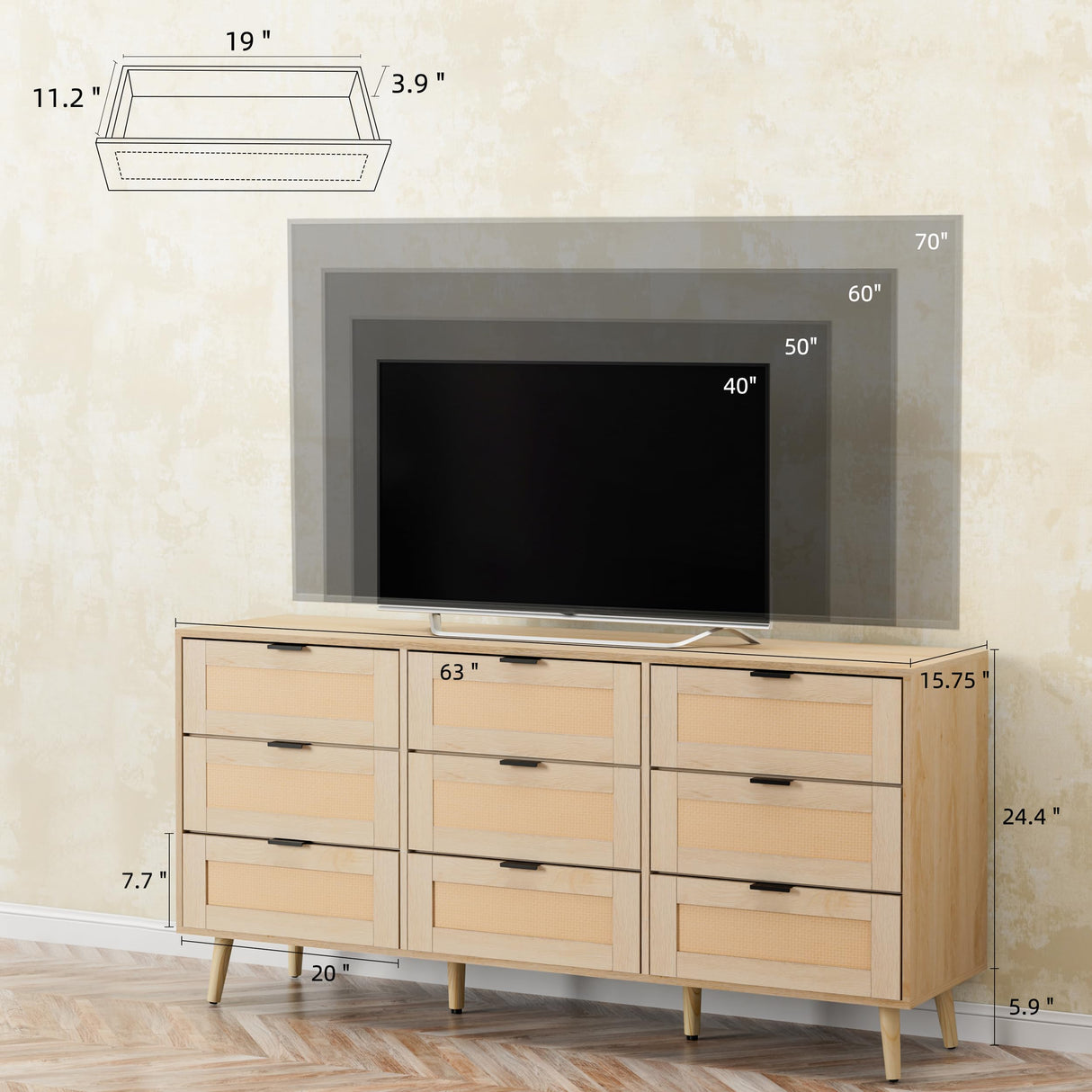 Anbuy 9 Drawer Dresser and Night stand Sets for Bedroom, One Drawer Nightstands Set of 2 & 9 Drawer Dresser Combo 3 Pieces (Natural) Anbuy