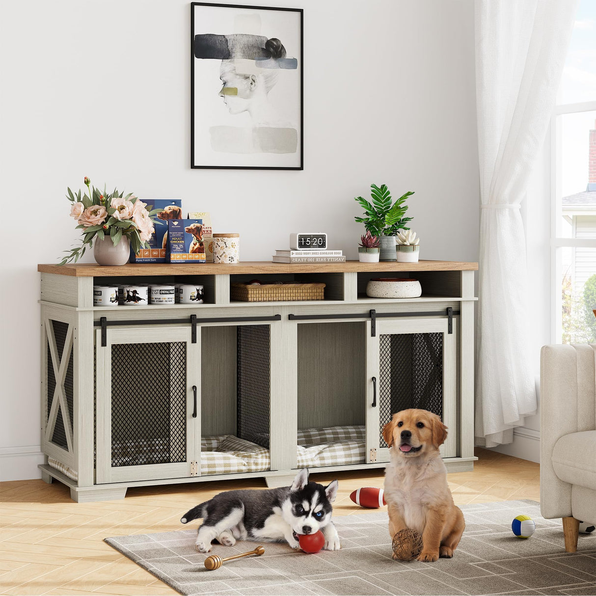 71" Dog Crate Furniture, Extra Large Wooden Double Dog Crate with 3 Storages and Removable Divider, Furniture Style Dog Crate Table Indoor TV Stand for Large Medium Dogs, White STMHOM