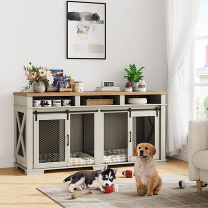 71" Dog Crate Furniture, Extra Large Wooden Double Dog Crate with 3 Storages and Removable Divider, Furniture Style Dog Crate Table Indoor TV Stand for Large Medium Dogs, White