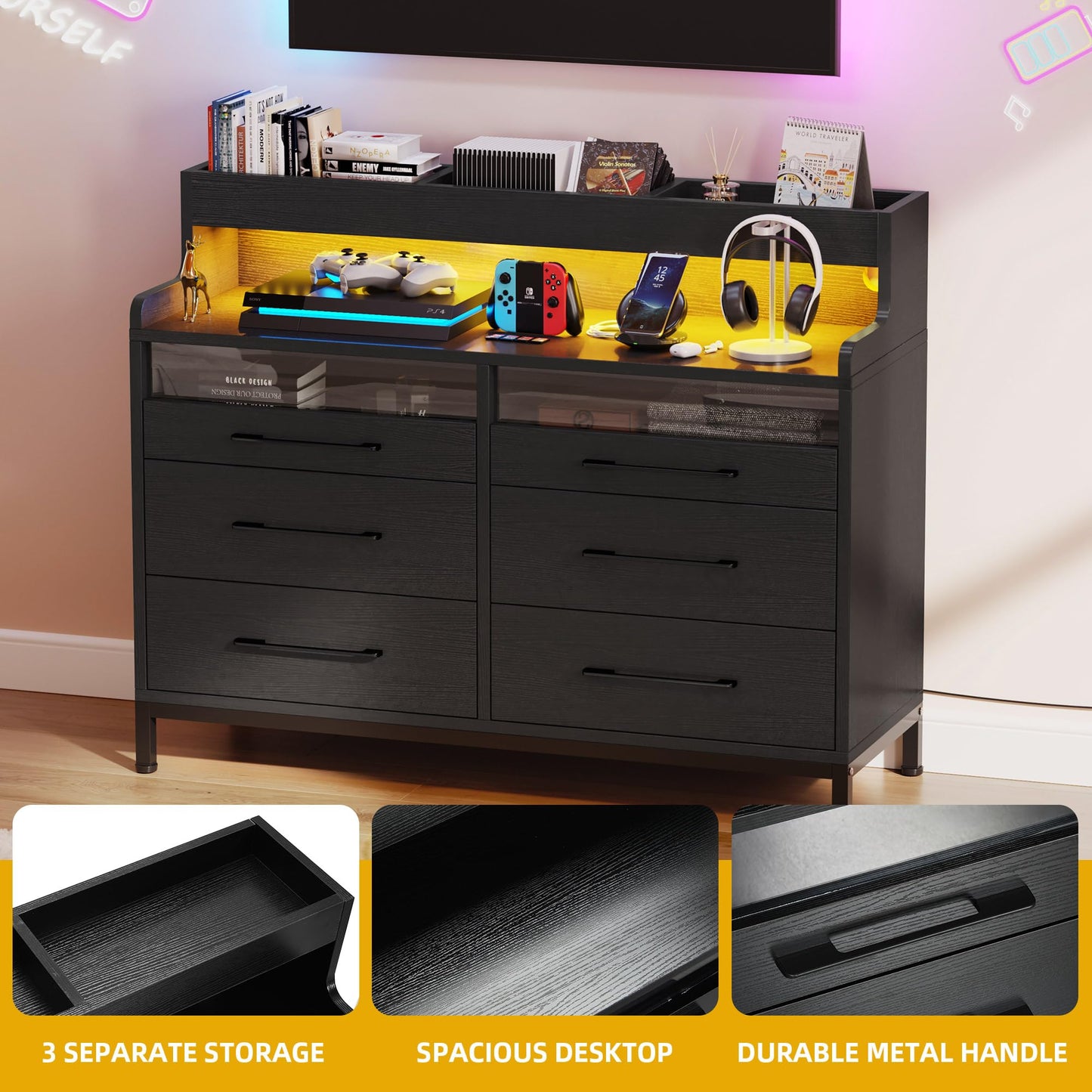 DWVO 6 Drawer Dressers with LED Light, Dresser & Chests of Drawers with Charging Station, Modern Dresser with Open Shelf Storage for Room, Entryway, Hallway, Black