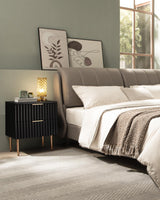 SICOTAS Black Night Stand Set 2, Wide Fluted Nightstand with 2 Drawers, Modern Glossy Storage Bedside Table for Bedroom, End Side Table with Golden Metal Legs and Handles SICOTAS