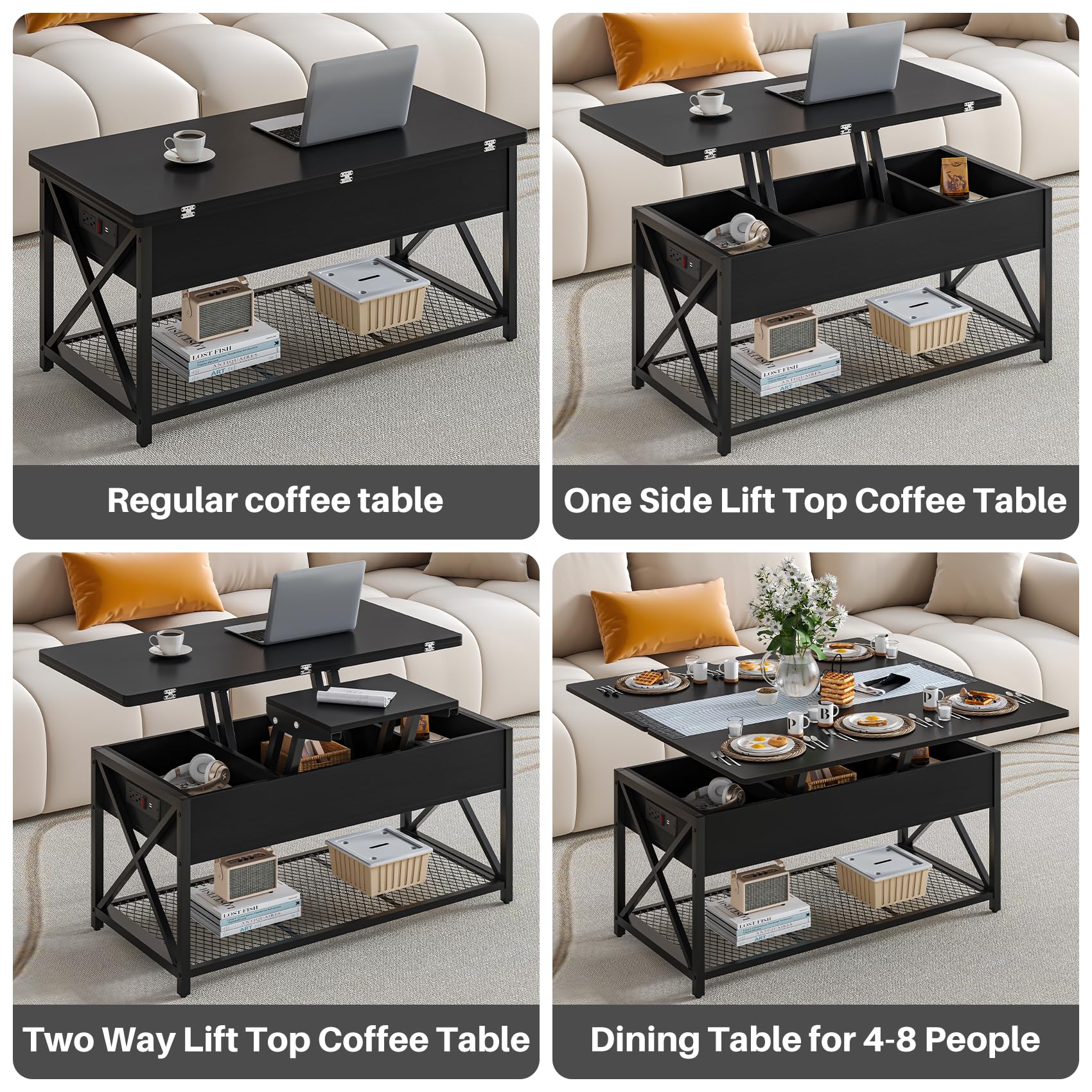 Osfvolr 43" Lift Top Coffee Table with Charging Station, 4 in 1 Coffee Table with Storage, Black Coffee Table Converts to Dining Table for Living Room, Game Table, Home Office - WoodArtSupply