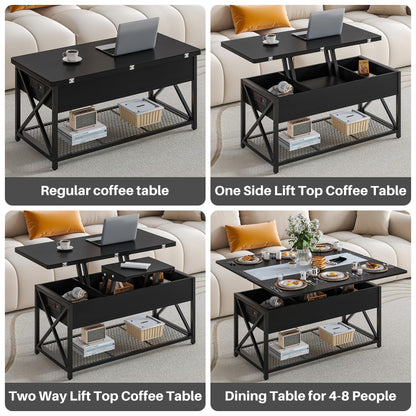 Osfvolr 43" Lift Top Coffee Table with Charging Station, 4 in 1 Coffee Table with Storage, Black Coffee Table Converts to Dining Table for Living Room, Game Table, Home Office - WoodArtSupply