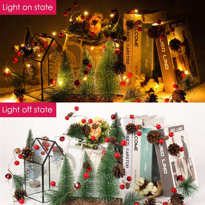 Luditek Christmas Garland with Lights, Red Berry Pine Cone 6.5FT 20 LED Garland Lights Battery Operated, led Garland String Lights, Christmas Decorations Indoor for Home Fireplace Mantel Xmas Decor