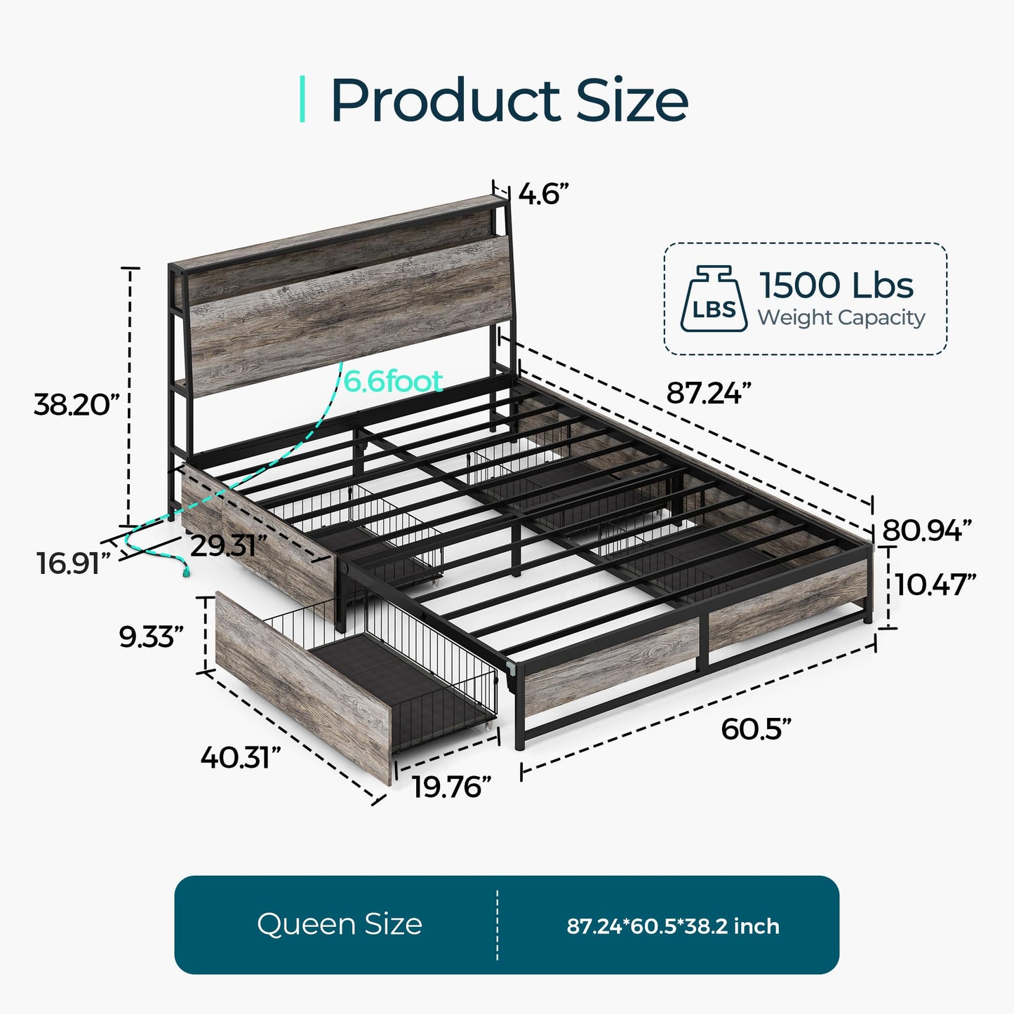 LINSY Queen Bed Frame with RGB Lights, 4 Drawers, Headboard and Fast Charger - Rustic Brown, Easy Assembly with Storage, No Box Spring Needed