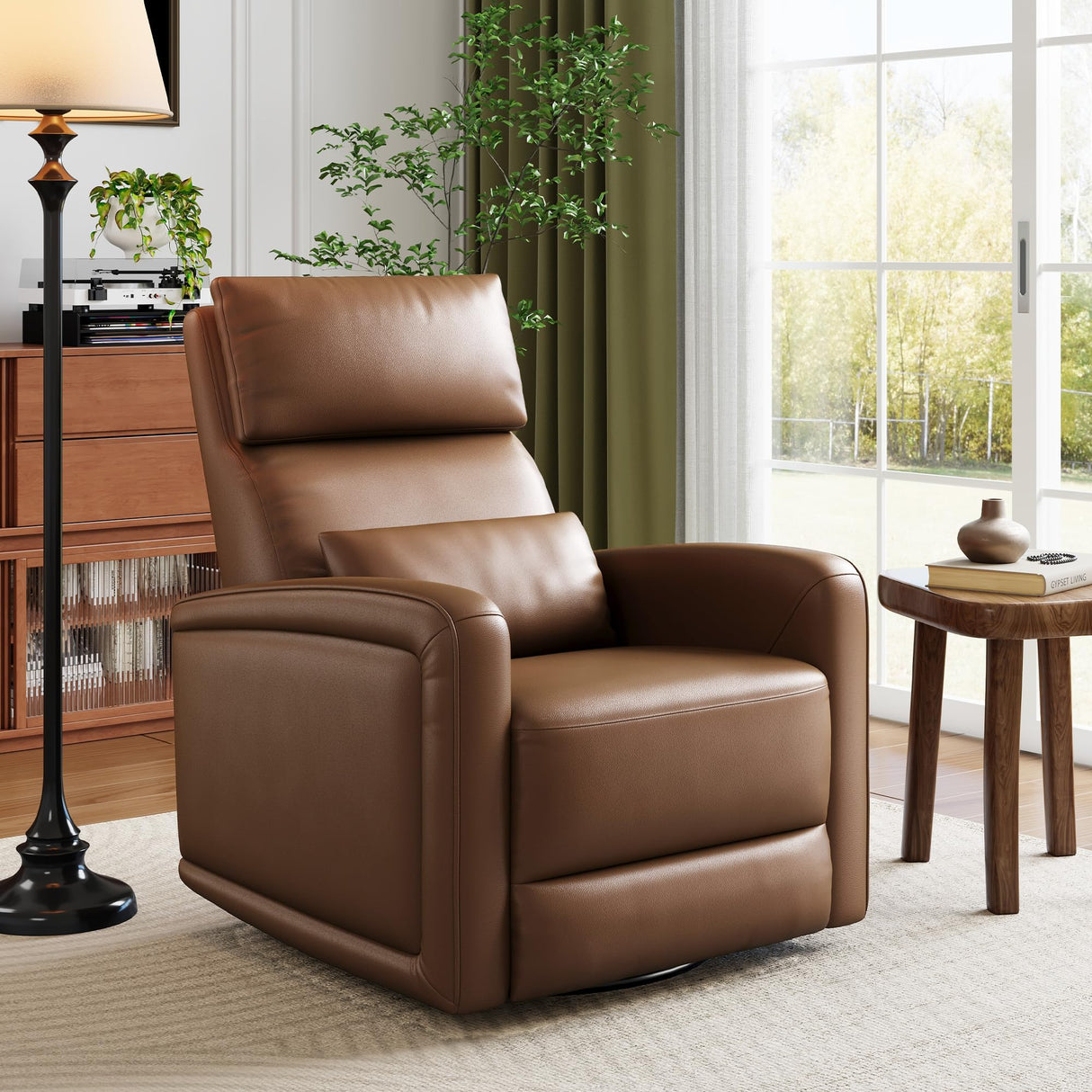 Adult Manual Recliner Chair, 360° Swivel Sofa Rocker, Faux Leather Single Sofa with Adjustable Backrest and Footstool, Modern Wingback Recliner with Hidden Pull Tabs, Living Room Armchair, Brown IDEALHOUSE