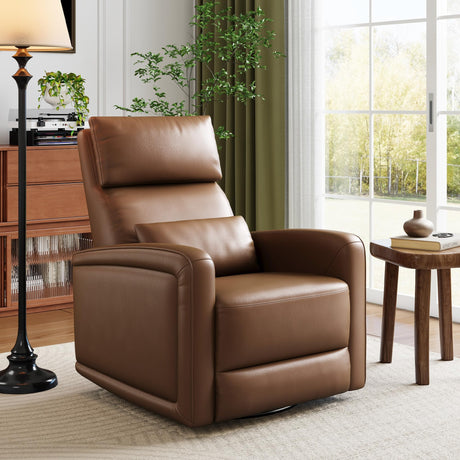 Adult Manual Recliner Chair, 360° Swivel Sofa Rocker, Faux Leather Single Sofa with Adjustable Backrest and Footstool, Modern Wingback Recliner with Hidden Pull Tabs, Living Room Armchair, Brown IDEALHOUSE