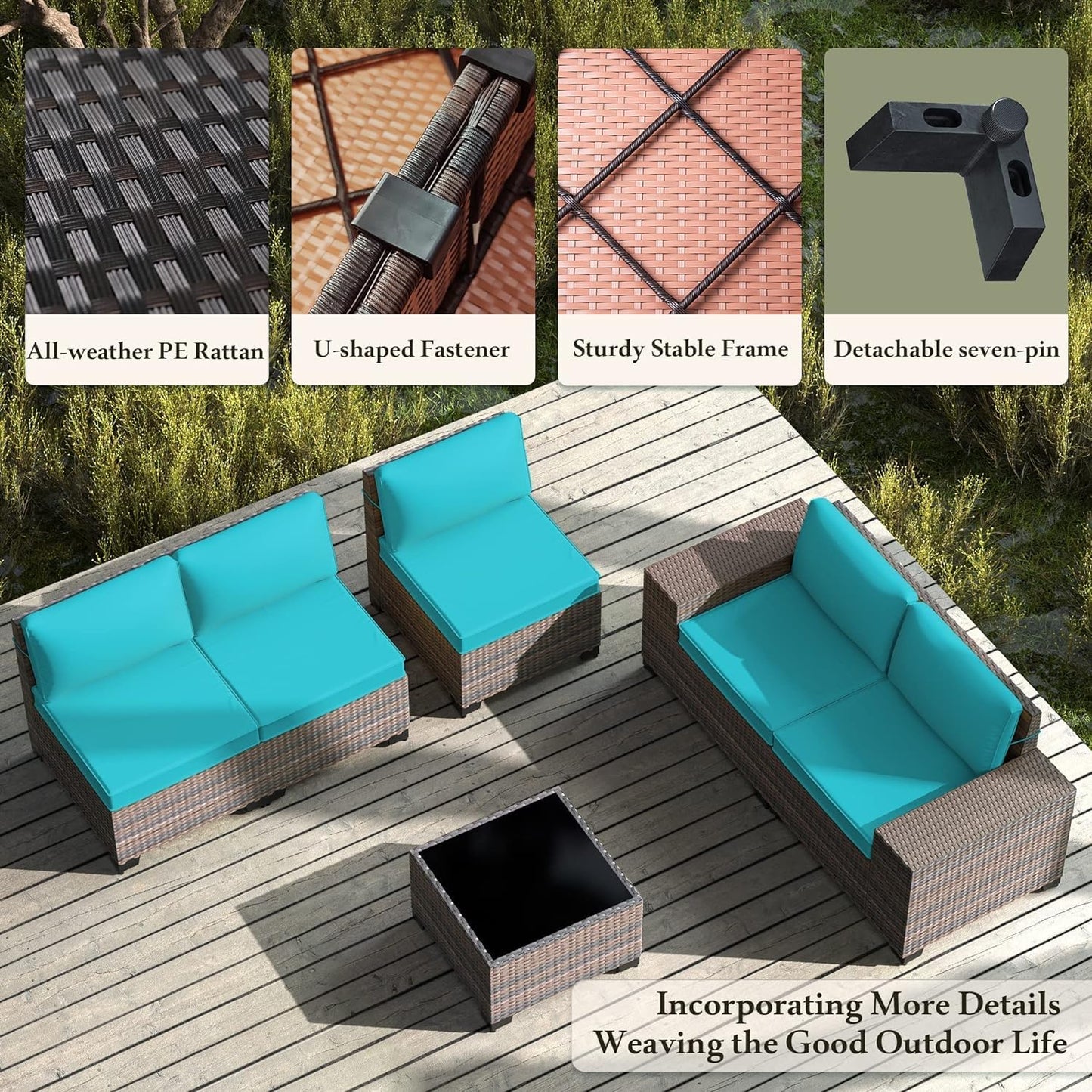 RTDTD Outdoor Patio Furniture Set, 6 Pieces Outdoor Furniture All Weather Patio Sectional Sofas PE Wicker Modular Conversation Sets with Coffee Table,5 Chairs & Seat Clips Turquoise Blue. - WoodArtSupply