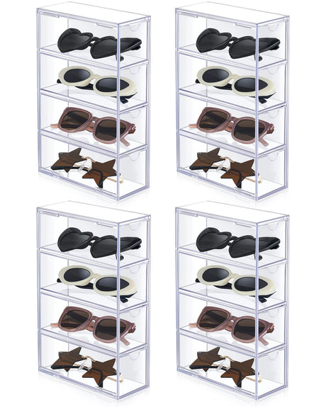 Sintuff 4 Pack Acrylic Sunglass Organizer with 4 Drawers Clear Eyewear Storage Display Case Eyewear Organizer for Women Eyeglass Holder Multiple Pair for Glasses Jewelry Watch Storage Tray Sintuff
