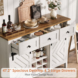 IDEALHOUSE 47.2'' Farmhouse Buffet Cabinet with Sliding Barn Door, 33.4'' Tall Wood Rustic Sideboard with 3 Drawer, Adjustable Shelf and Removable Wine Rack for Dining Room, Kitchen, White IDEALHOUSE