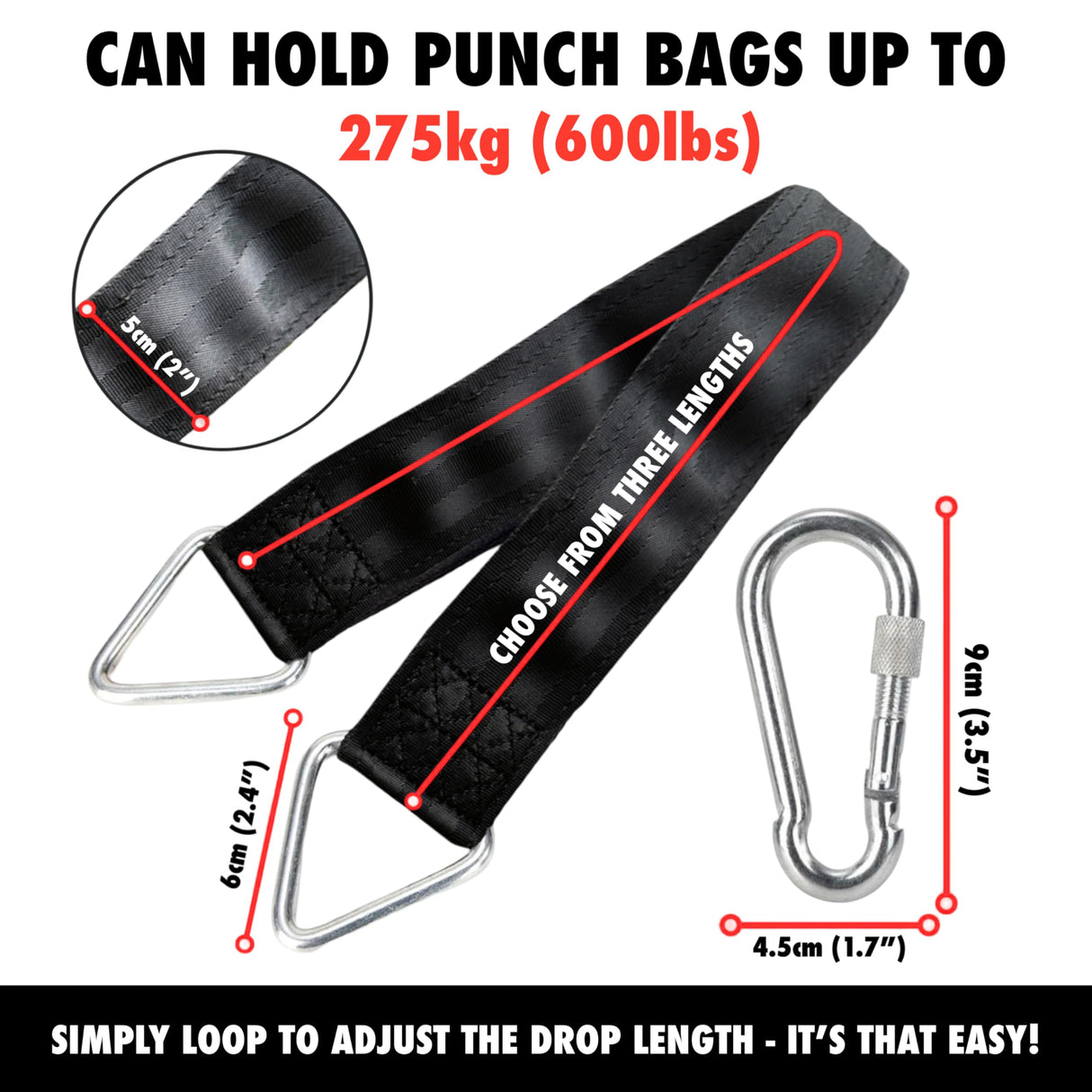 BULL DOZA FIGHT WEAR Heavy Duty Punch Bag Hanging Strap – Three Sizes | Extremely Strong Boxing Bag Hanger | Durable, Adjustable Punching Bag Holder for Home Gym & Training (61cm (2ft)) BULL DOZA FIGHT WEAR