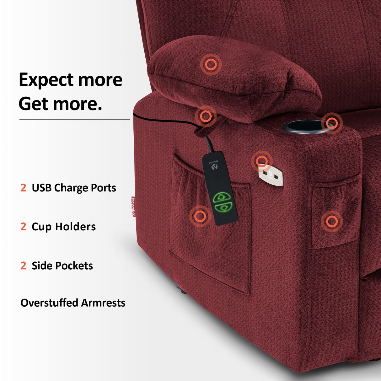 MCombo Power Lift Recliner Chair for Elderly, Lift Chair with Heat and Massage, USB&Type C Ports, Extended Footrest, Cup Holders, Fabric 7040 (Medium, Carmine Red) MCombo