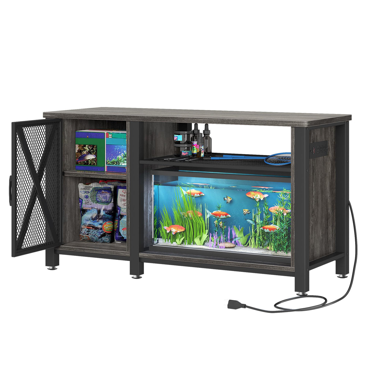DWVO 55-75 Gallon Aquarium Stand with Power Outlets, Cabinet for Fish Tank Accessories Storage - Heavy Duty Metal Fish Tank Stand Suitable for Turtle Tank, Reptile Terrarium, 860LBS Capacity, Grey DWVO