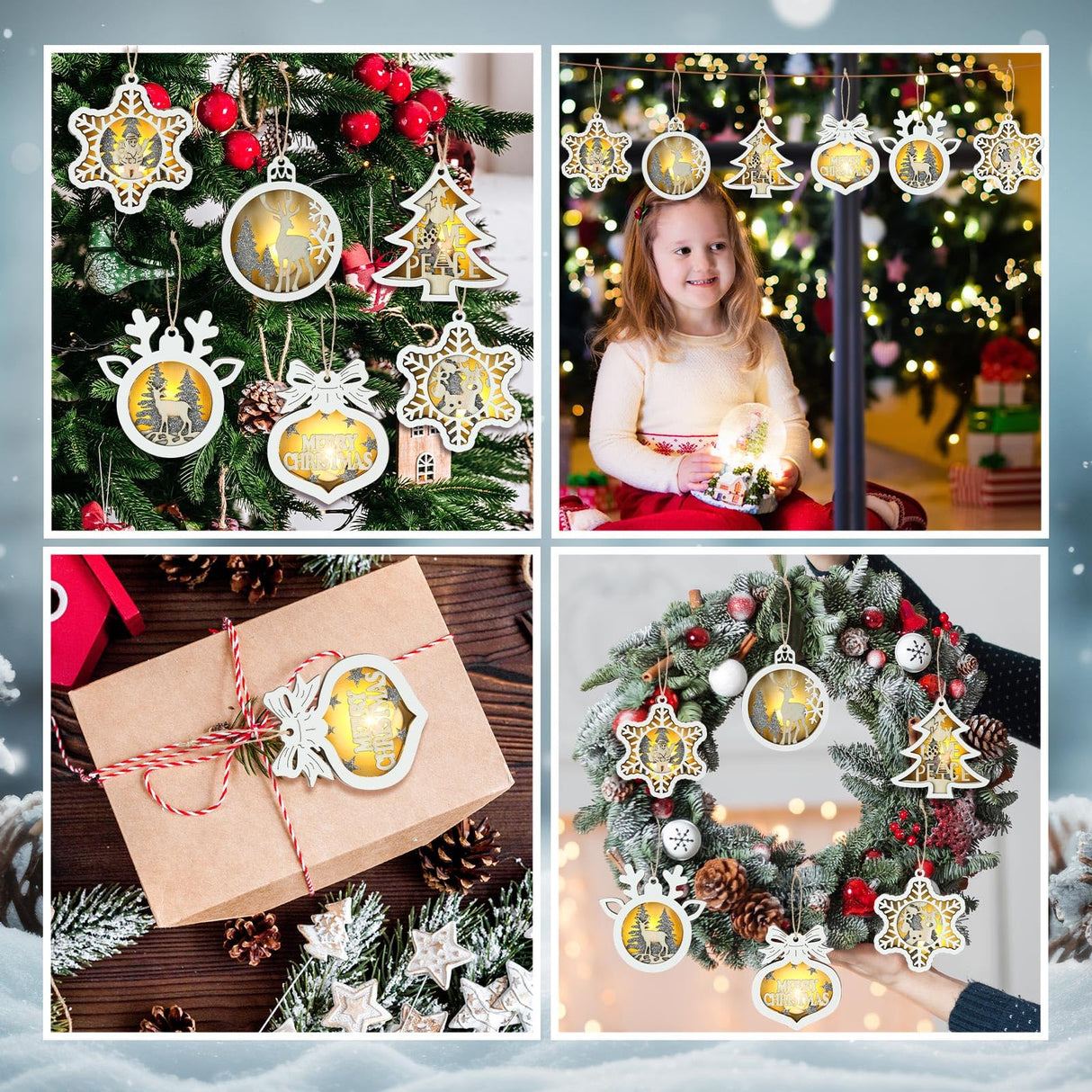 Anglechic 6 Pcs LED Christmas Tree Ornaments Rustic 3D Light up Wooden Christmas Hanging Ornaments Xmas Farmhouse Reindeer Santa Claus Snowflake Decor with Lights for Winter Wonderland Decorations Anglechic