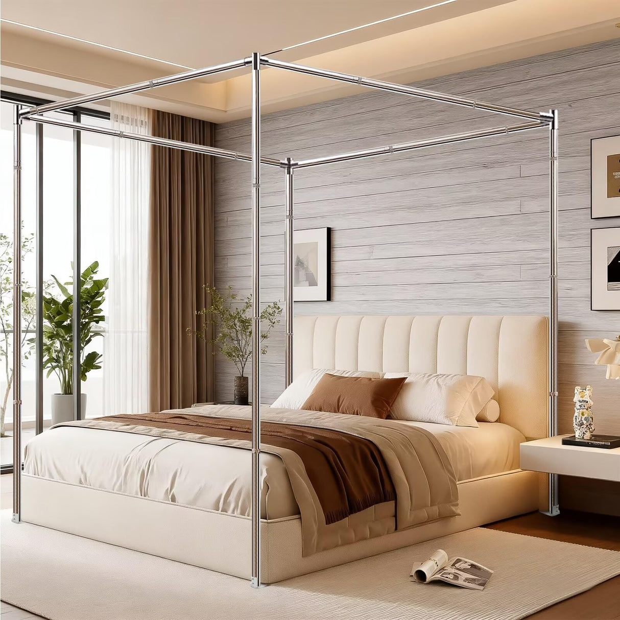 Canopy Bed Frame Queen Size, Thicken Stainless Steel Canopy Bed Frame, Bed Post Poles with Metal Connectors for Mosquito Curtains, Bedroom Decor Mosqutent