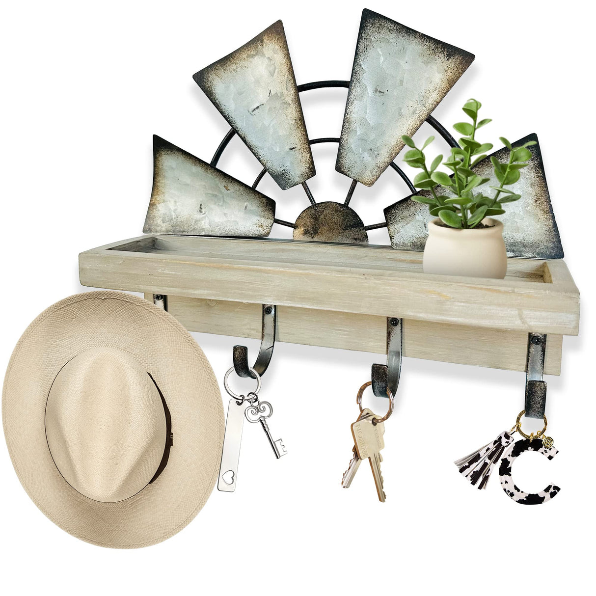 Rooty Heart Windmill Key Holder for Wall Mount, Key and Mail Holder for Wall with Key Shelf, Keys Holder on Wall, Farmhouse Decor Rooty Heart