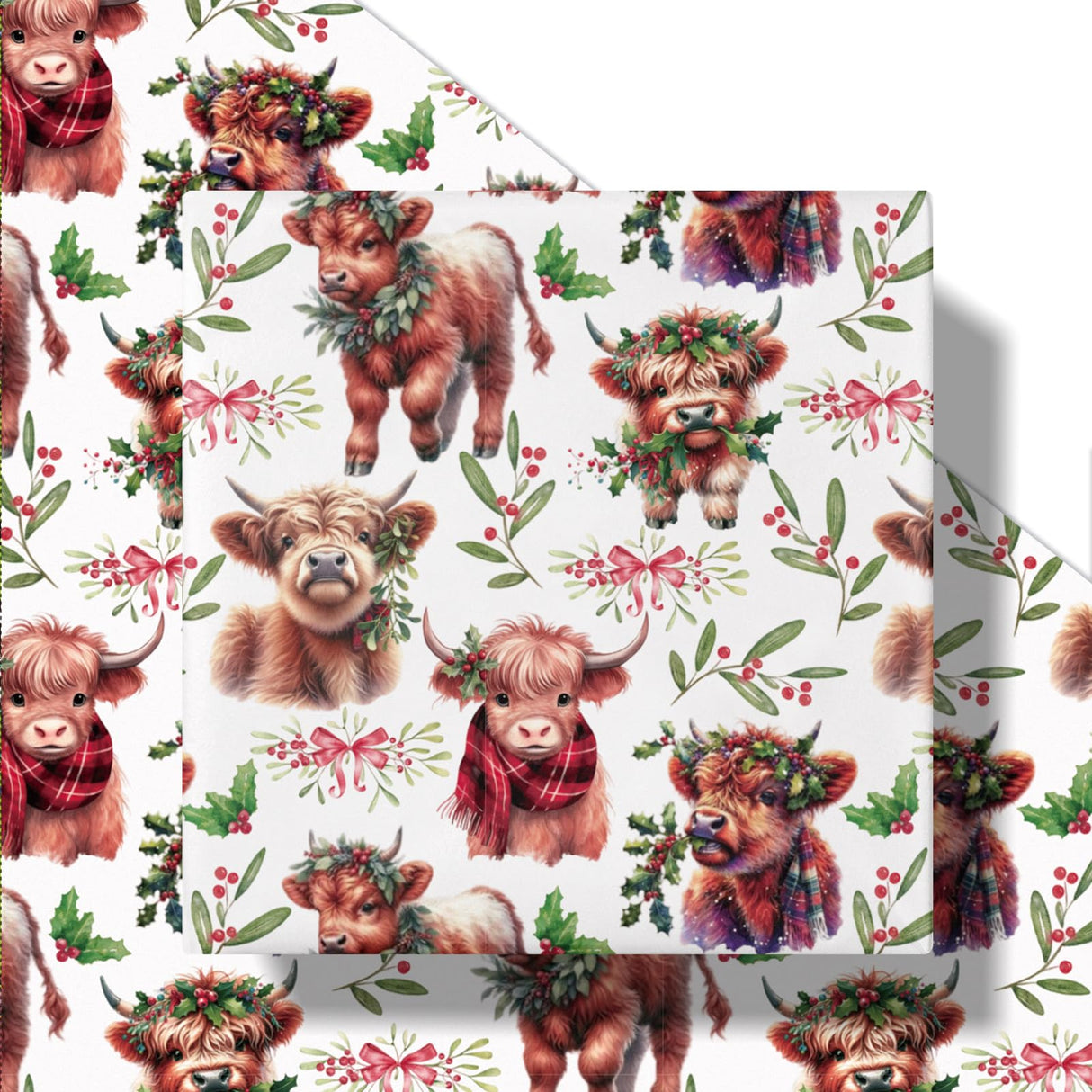RUSPEPA Christmas Cow Wrapping Paper Roll, Mini Roll, Cute Highland Cow with Wreath & Scarf, Floral and Greenery, Gift Wrap for Kids, Women, Family, Farmhouse Style Xmas Gifts, 17 Inches x 16.4 Feet RUSPEPA