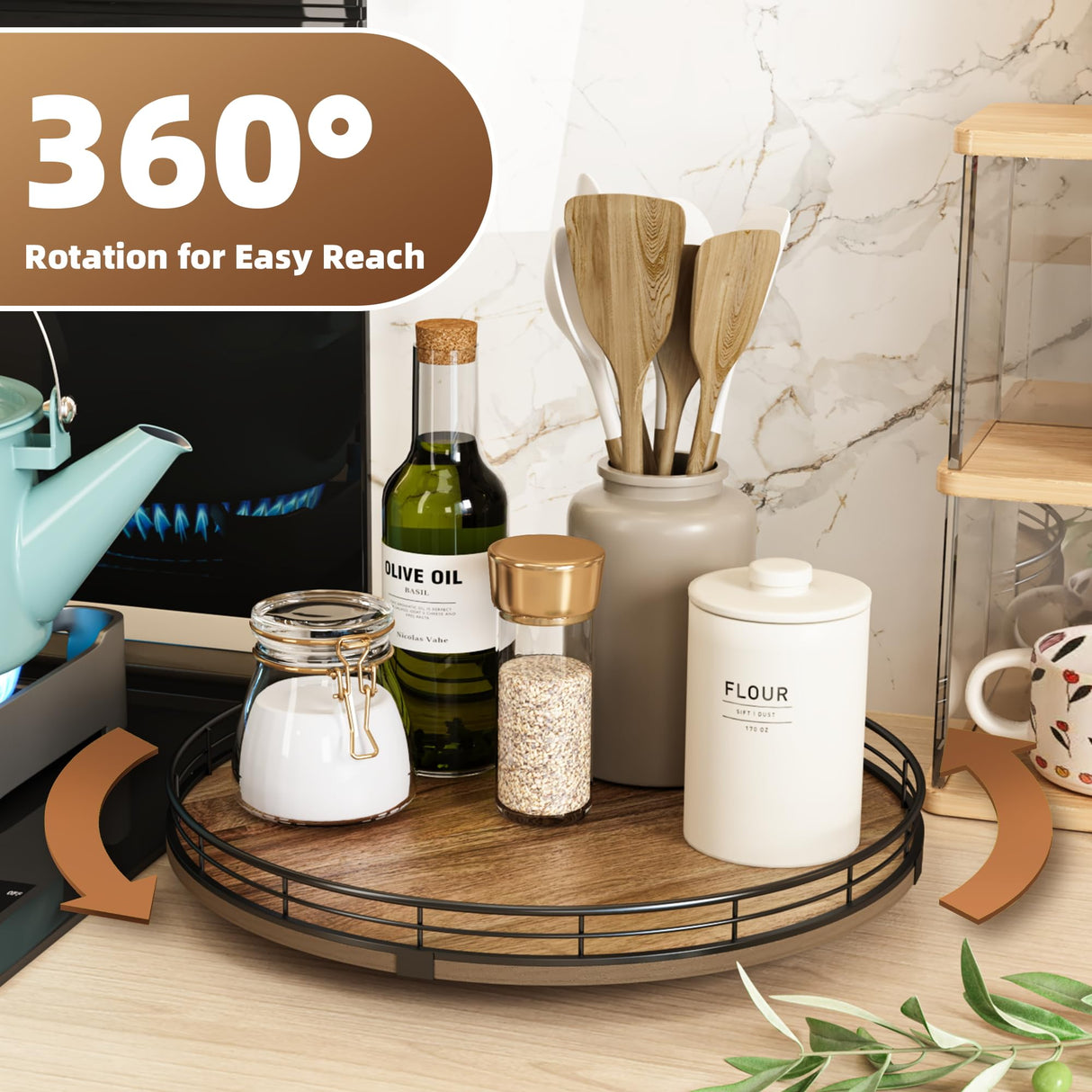 Acacia Wood 13" Lazy Susan Turntable Organizer for Table Top, Farmhouse Round Wooden Lazy Susan for Cabinet Kitchen Centerpieces Coffee Table, for Condiments Spices, Bathroom Vanity Tray Decor HGF