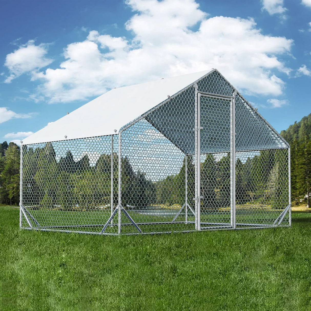 4ever2buy Large Metal Chicken Coop with Run Walk-in Poultry Cage Chicken Runs House Pen Cage Spire Roofed Chicken Coops with Anti-Ultraviolet Cover for Outdoor Backyard Farm Use 9.8’L x 6.6’W x 6.4’H 4ever2buy