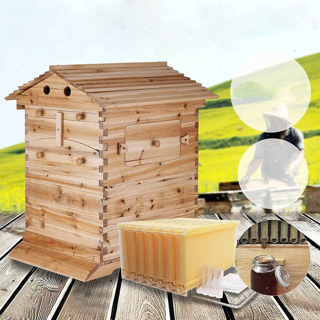 LWestine Bee Hives Wooden Beehive Kit Automatic Box with 7 Pieces Frames Auto Honey House for Beginning and Professional Beekeepers LWestine