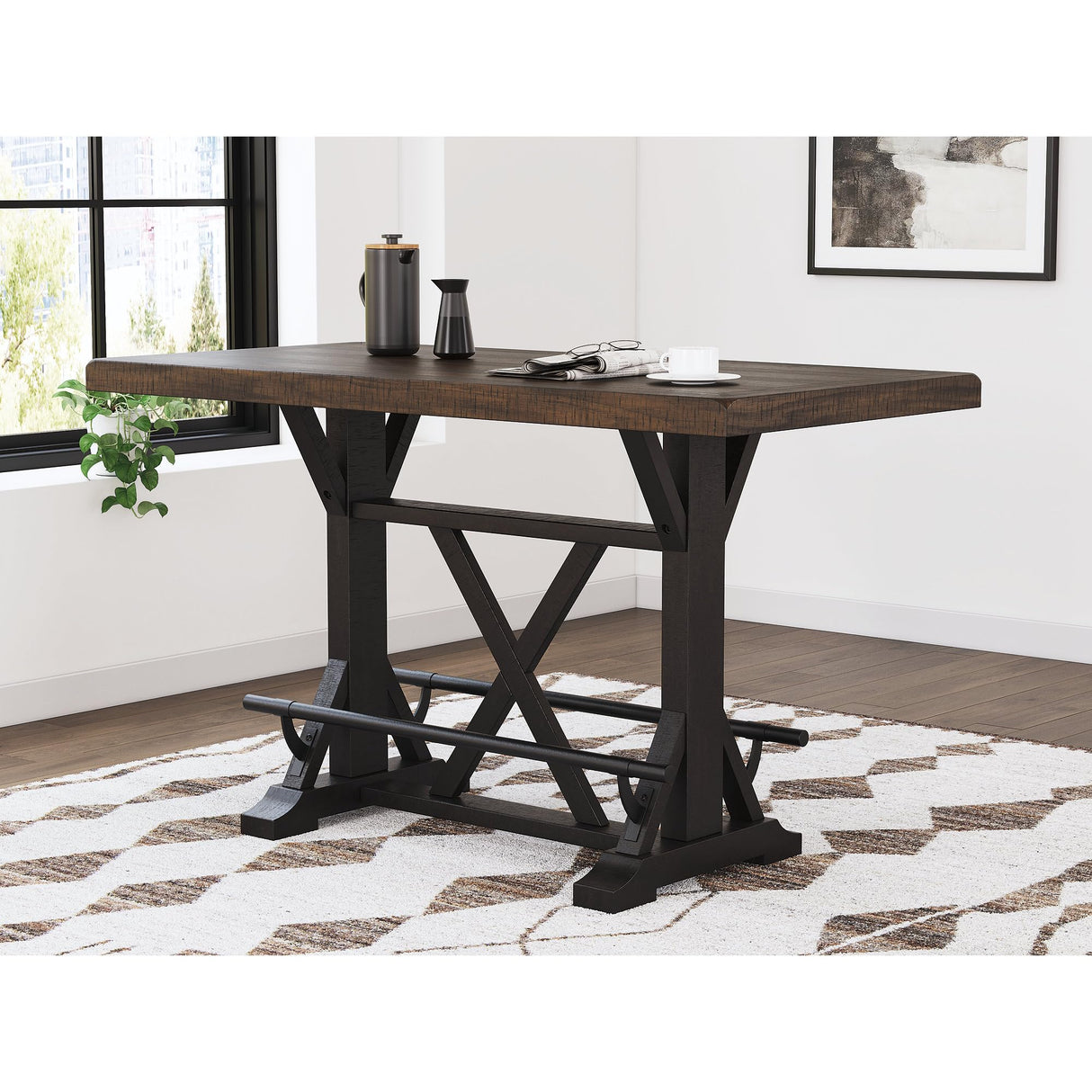 Signature Design by Ashley Valebeck Farmhouse Counter Height Dining Table with Footrest and Trestle Base, Brown & Black Signature Design by Ashley