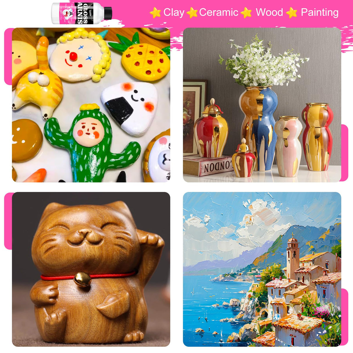 Air Dry Clay Varnish, 200ml/7oz High Gloss Varnish, Ceramic Glaze, Clear Clay Sealant with Brushes for Craft Pottery, Acrylic Painting, Wood, Prevent Cracking Scratches Wear﻿, Waterproof Vividye