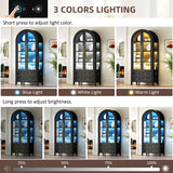 Vlsrka 71" Arched Display Cabinet with Glass Doors, 4-Tier Curio Cabinet with 3 Color Lights for Collectibles, Glass Display Case with Human Body Sensor, Display Shelf with 2 Drawers, Black Vlsrka