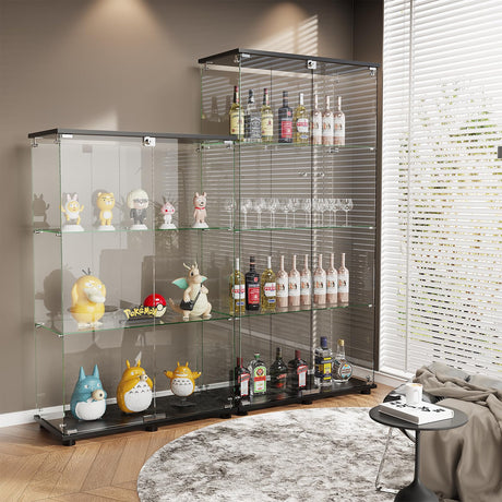 ROOMTEC Glass Display Cabinet with 4 Shelves, Double Doors, Floor Standing Display Cage, for Living Room Bedroom Office, 64 x 31.7 x 14.3 in, Black ROOMTEC