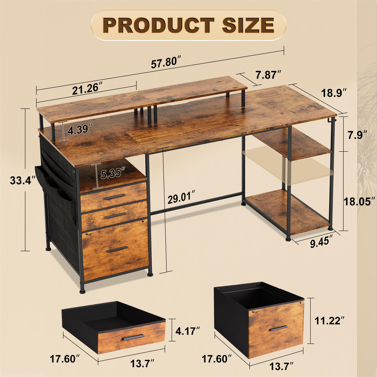 EKNKOZY Computer Desk with 3 File Cabinet Drawers, 57.8'' Reversible Gaming Desk, Office Desk with Storage Shelves and Dual Monitor Stand for Home & Office (Rustic Brown) EKNKOZY
