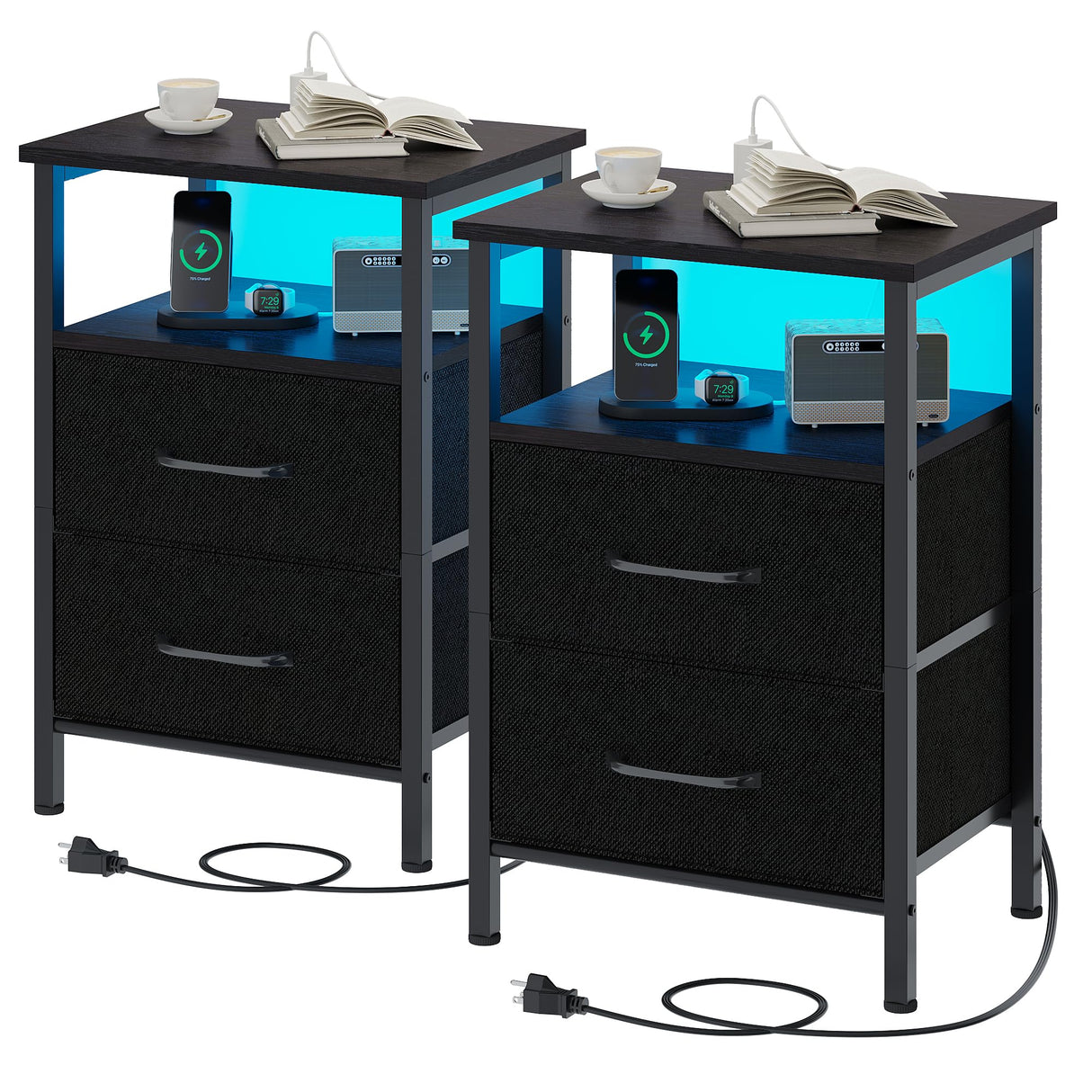 TRIFEBLE Nightstands Set of 2, Night Stand with Charging Station and Led Lights, Bedside Table with 2 Fabric Drawers for Bedroom, Small Side End Table with Open Shelf, Black TRIFEBLE