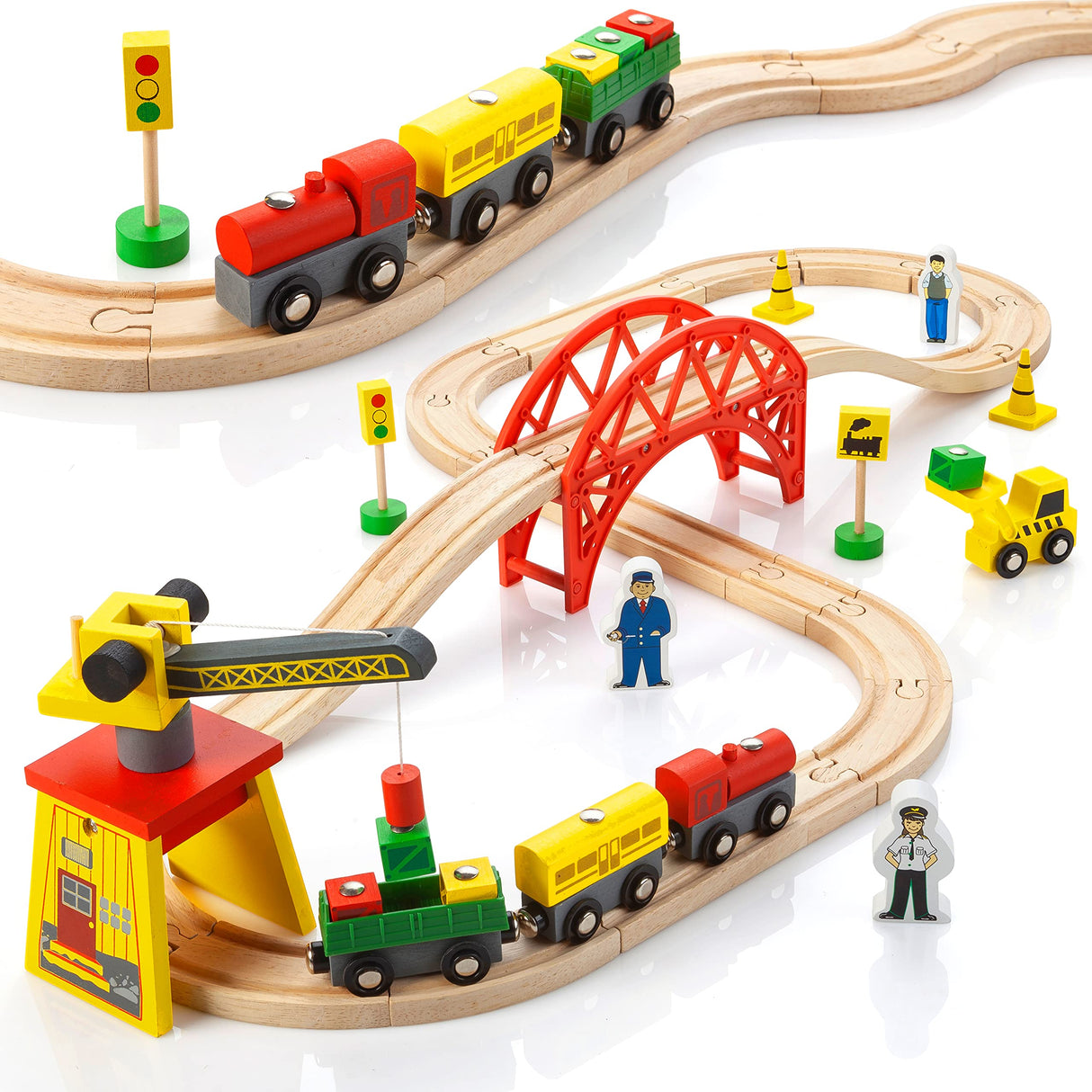 KipiPol Wooden Train Sets for Boys 2-4-7 – 38 Pcs Wood Train Set for Toddlers w/Crane, Bridge & Wooden Train Tracks – Train Toys for 3 Year Old Boys Kipipol