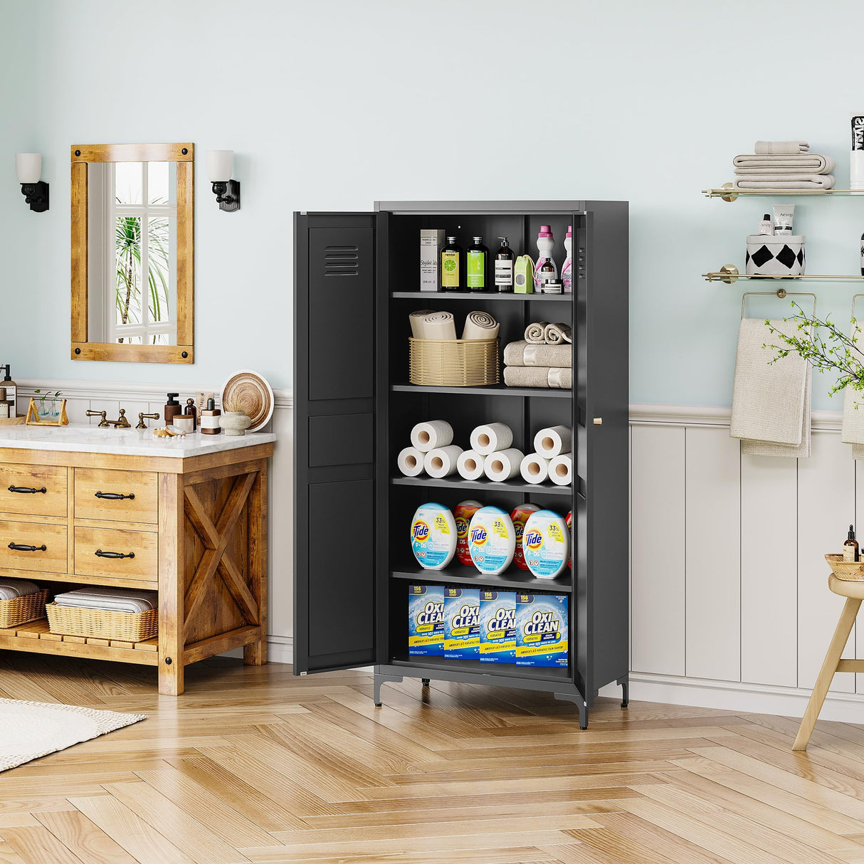 BYNSOE Kitchen Pantry Storage Cabinet with Adjustable Shelves Metal Cupboard Storage Cabinet with Adjustable Feet Pantry Cabinet for Kitchen, Living Room Dinning Room Bathroom. (Black, 61 inch) BYNSOE