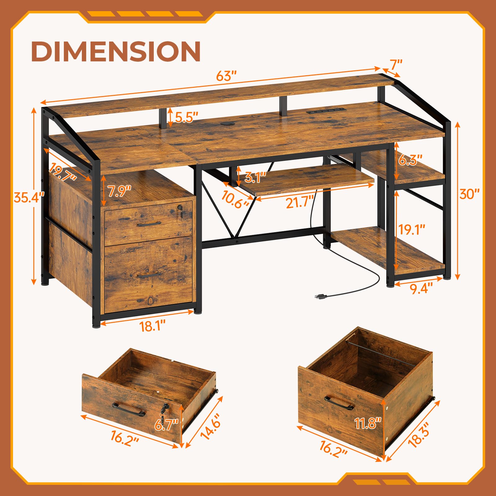 SEDETA 63" Computer Desk, Office Desk with Lock Drawers for Legal/Letter File, Gaming Desk with LED Light & Power Outlet, Home Office Desks for Printer, Rustic Brown - WoodArtSupply