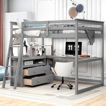 Harper & Bright Designs Grey Full Size Loft Bed with Desk, Storage Drawers, and Shelves - WoodArtSupply