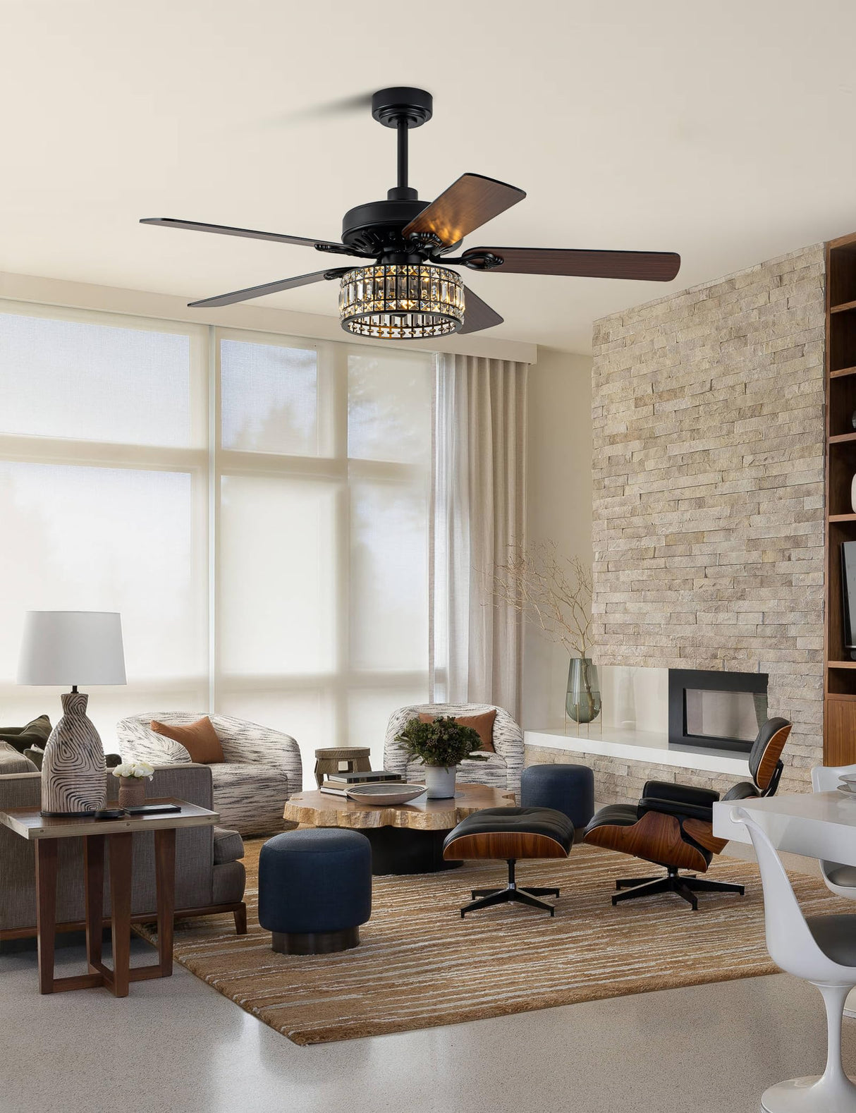 Curve Curio 52 Inch Chandelier Fan Crystal Farmhouse Ceiling Fan with Light Quiet and Reversible DC Motor for Living Room Bedroom Patio Curve Curio