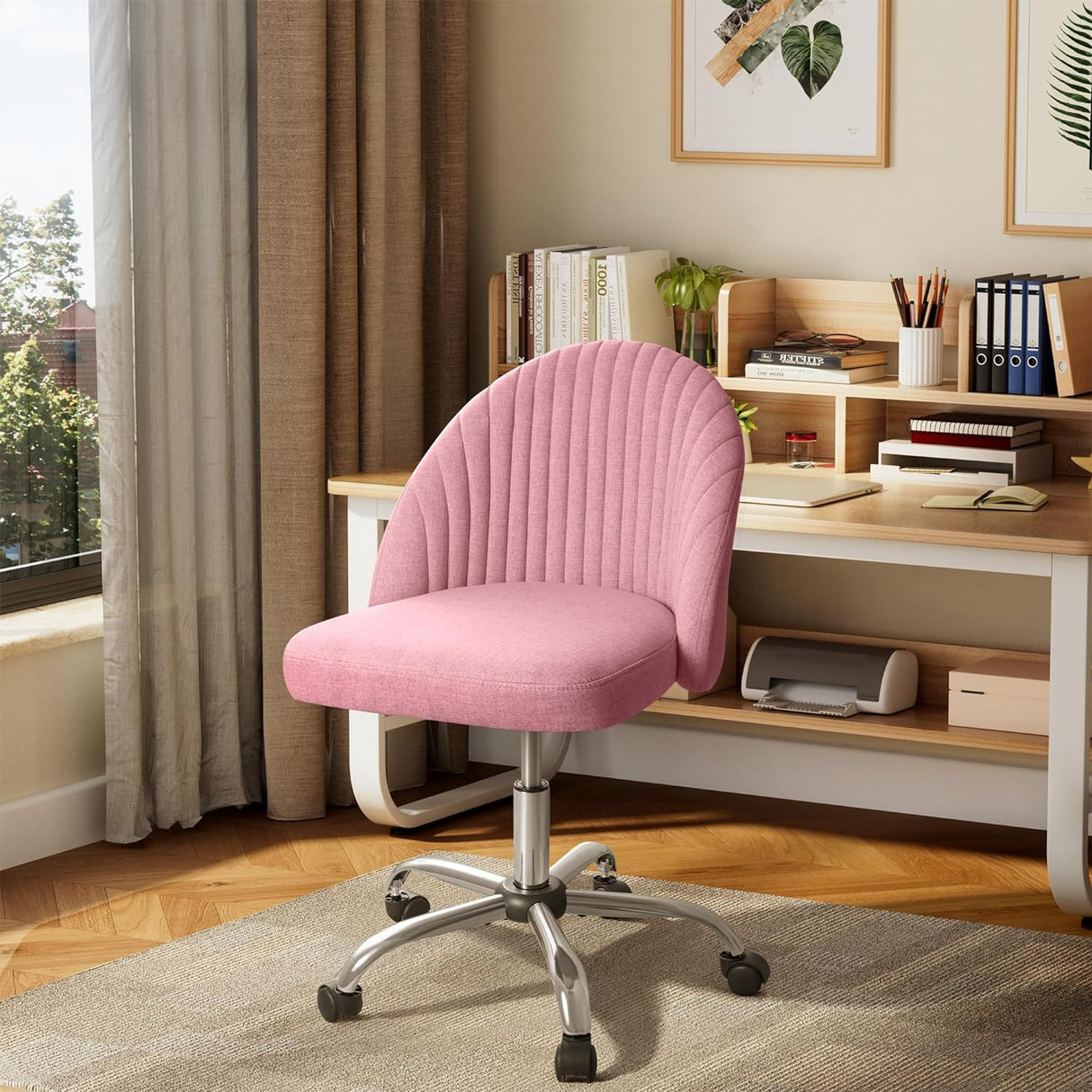 Furniwell Office Chair Armless Cute Desk Chair Modern Adjustable Swivel Padded Fabric Vanity Task Computer Chair Home Office Desk Chairs with Wheels (Pink) Furniwell